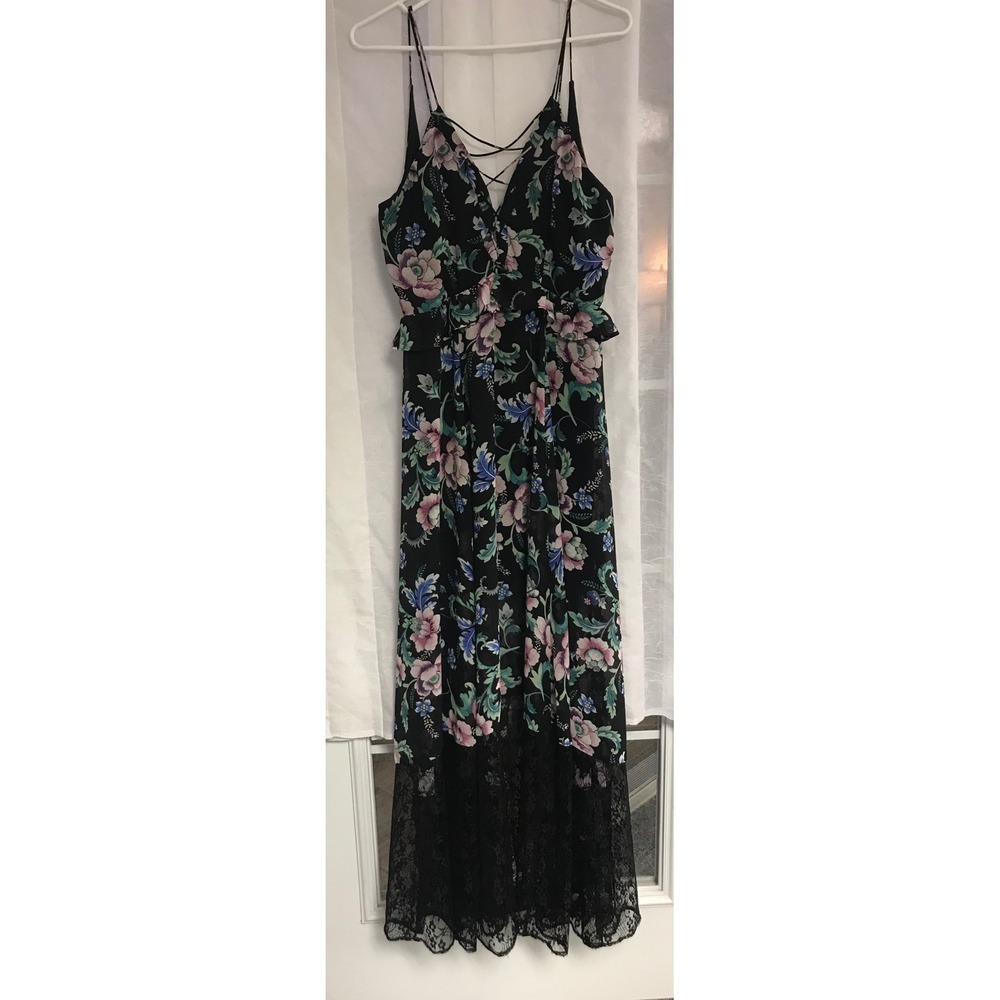Express Black Floral Lace Up V-Neck Maxi Dress with Lace Hem Womens 10